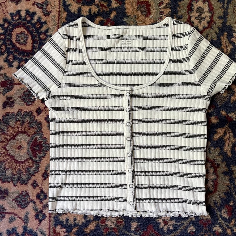 Ribbed American Eagle Striped Button-Up Crop Top